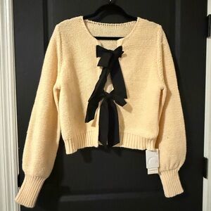 Cream Knit Sweater with Black Ribbon Tie